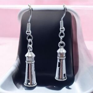 Lighthouse Earrings Silver 3D Dangle Drop Nautical Ocean Beach Coastal Harbor